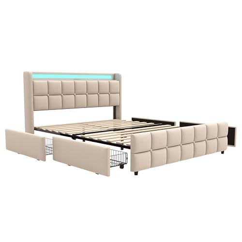 XMETPR Doppelbett mit Polster 140x200 cm, Funktionales Bettgestell mit 4 Schubladen & LED-Beleuchtung & 2 USB- & 2 AC-Ladestationen, Holzlattenrost, Leinenbezug, Plattformbett, geräuschfrei, beige
