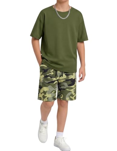 Image of Arshiner Boys Drop Shoulder T-Shirt & Drawstring Waist Shorts Summer Casual Outfits (5-12 Years)