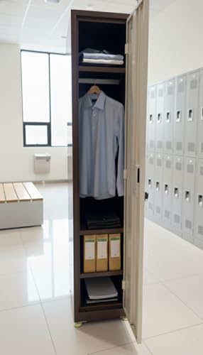Image of Shubham Furnitures Single Door Steel Locker Cabinet with 4 Shelves & Hanging Rod | Heavy Duty Lockable Storage Cupboard for Office Gym Factory School | Powder Coated 1 Door Metal Locker Brown
