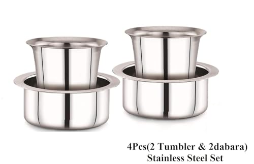 KC Stainless Steel Dabara Set | Tea, Coffee Dabara Set | South Indian Coffee Glass Tumbler Set of 4 | Serving Drinkware | Stainless Steel Dabara Tumbler Set, 200 ML Capacity