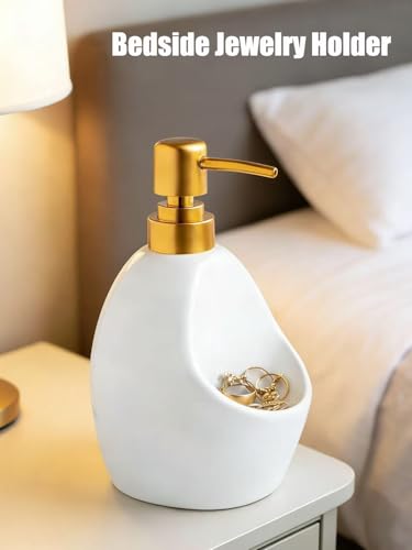Image of Ceramic Soap Dispenser with Sponge Holder - White Refillable Dish Soap Dispenser for Kitchen Sink, 2-in-1 Sink Organizer with Pump Bottle & Tray - Modern Farmhouse Countertop Accessory