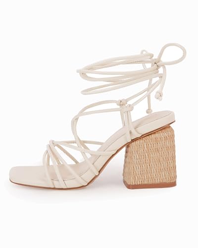 Image of PiePieBuy Women's Lace Up Chunky Braided Heel Sandals Square Toe Strappy Ankle Strap Heels