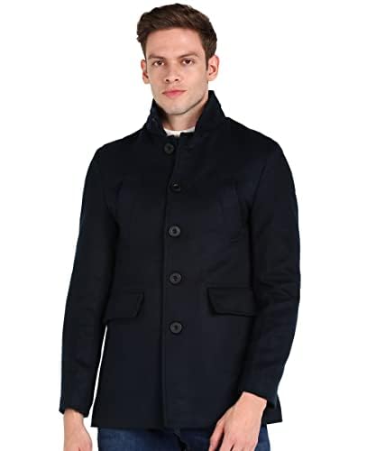 Image of Men's Black Trench Coat Regular Fit Notch Lapel Single Breasted Top Coat Winter Warm Woolen Tweed Business Semi Long Jacket Overcoat