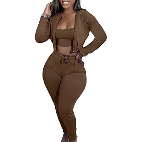 Women 3 Piece Outfits for Women Sweatsuits Sets Long Sleeve Zip Up Hoodie Tank Tops Jogger Pants Fall Winter Tracksuit, Brown, Medium Cover