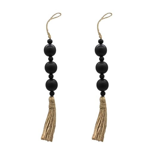 2PCS Farmhouse Decor Wooden Bead with Tassels Rustic Boho Minimalist Home Accent Country Decoration Beads for Door Knob Wall Hanging Living Room Decor, Black