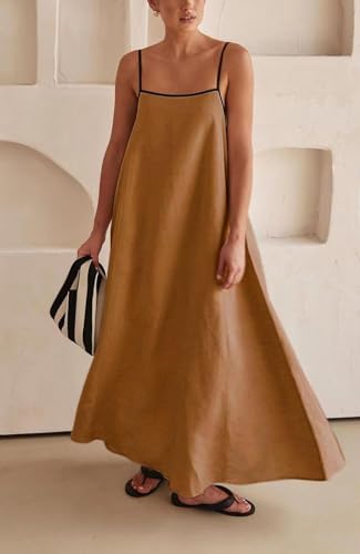 Image of Womens Summer Linen Maxi Dress Contrast Trim Spaghetti Straps Backless Sleeveless Long Flowy Dresses