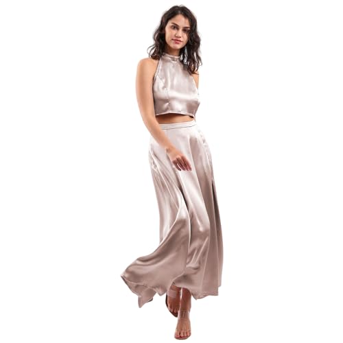 Ensemble deux pièces en satin pour femme jupe longue et haut court dos nu léger