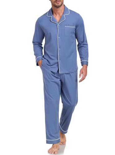COLORFULLEAF Men's 100% Cotton Pajama Sets Breathable Long Sleeve Pjs Mens Cotton Sleepwear With Pockets