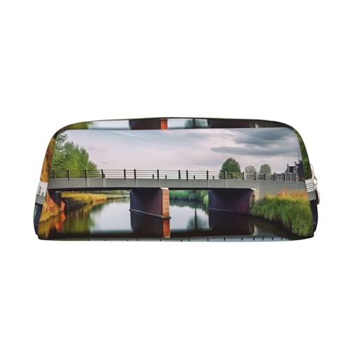 BSCKKDMN レザー 筆箱 かわいい ジッパー ペンシルポーチ ペンバッグ 多機能 旅行 メイク コスメバッグ オランダ 風景 ブリッジ キーポーチ 女性 男性 仕事 オフィス