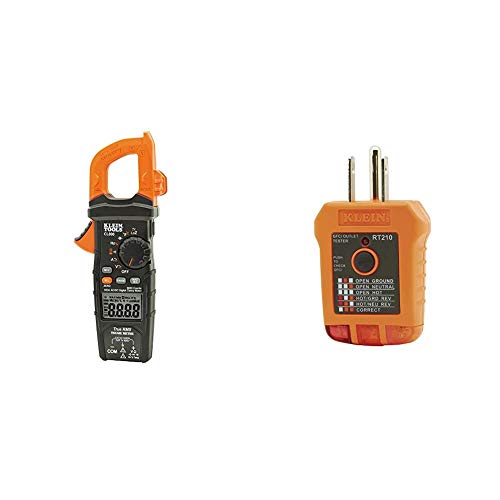 Klein Tools CL800 Digital Clamp Meter & RT210 Outlet Tester, Receptacle Tester for GFCI/Standard North American AC Electrical Outlets, Detects Common Wiring Problems