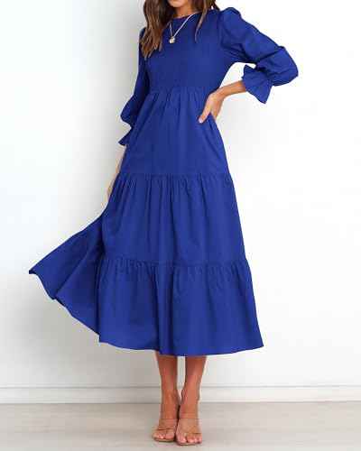BTFBM Women Casual Long Sleeve Crew Neck Fall Dress Bohemian Relaxed Fit Floral Flowy Maxi Dresses Tiered Cocktail Dress