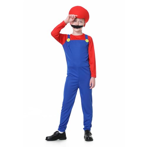 COXNSXX Klempner Brüder Kostüm, Cosplay Kostüm mit Hut und Schnurrbart, geeignet für Cosplay Karneval und Mottopartys