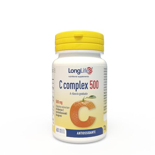 LongLife® C complex 500 | Vitamina C 500 mg a rilascio graduale | Con bioflavonoidi da agrumi e quercetina | Difese immunitarie | Fino a 2 mesi di trattamento | Vegano e senza glutine