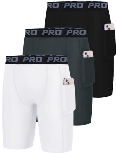 EXARUS Youth Boys Compression Shorts Performance Athletic Base Layers Underwear Running Sports Soccer Side Pocket 14Y