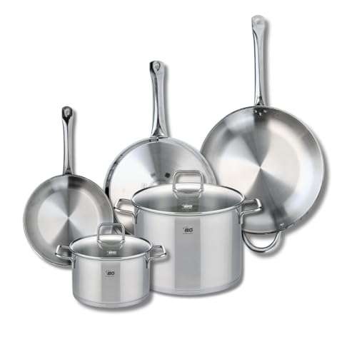 ELO 9512250 Batterie de cuisine 5 pièces, Ensemble de 3 Poêles de cuisson 24, 28 et 32 cm et 2 faitouts 20 et 26 cm Elo Profi Citrin, inox, induction