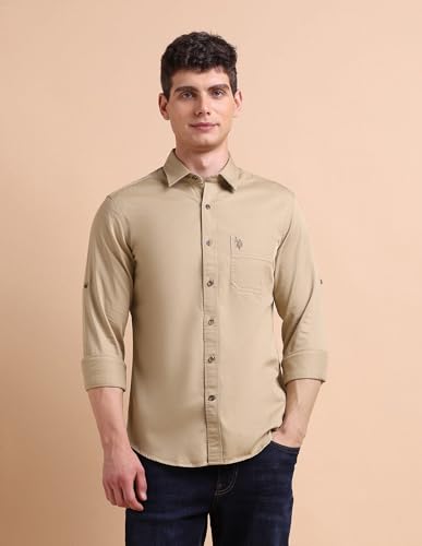Image of U.S. Polo ASSN. Solid Regular Fit Cotton Shirts for Men - 100% Cotton, Full Sleeve Mens Casual Shirts
