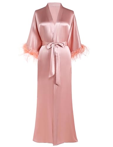 PRODESIGN Satin Kimono Robe Long Silky Bathrobe with Ostrich Feather Trim Sleepwear Wedding Bridesmaid Dressing Gown