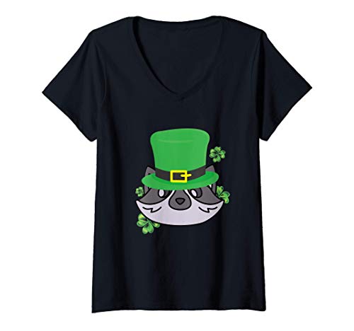 Mujer St.Patrick's Day Raccoon Shamrock Animal Camiseta Cuello V