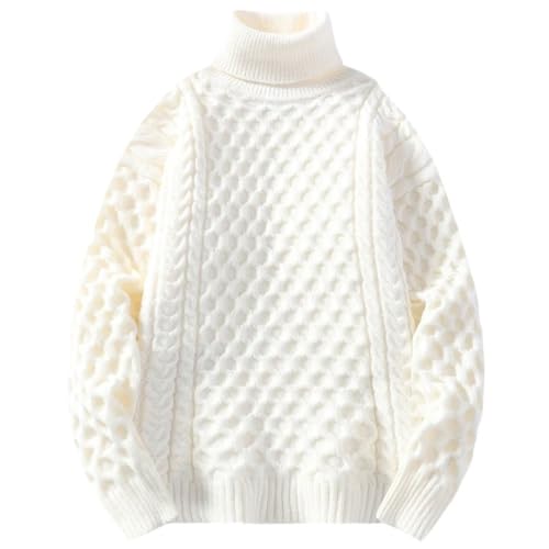 Men's Turtleneck Loose Sweater Solid Color Casual Knitted Pullover Thick Warm Knit Pull