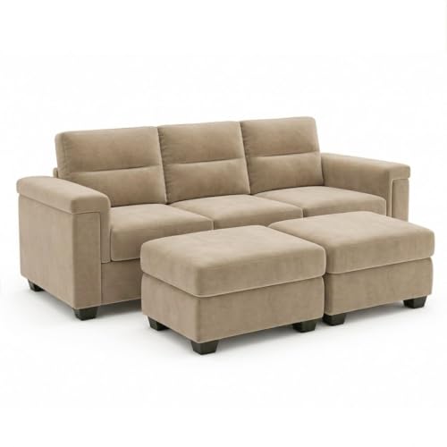 Image of FURNY Parker 3 Seater Sofa Set with 2 Ottomans | Premium Suede Velvet Fabric Finish | Durable Comfort Sofa for Modern Living Room & Office Spaces