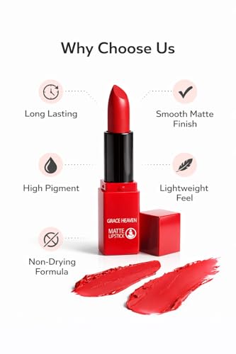 Image of Grace Heaven Matte Lipstick, Long Lasting, Smudge-Proof, Lightweight Formula, Bullet Lipstick (cherry)