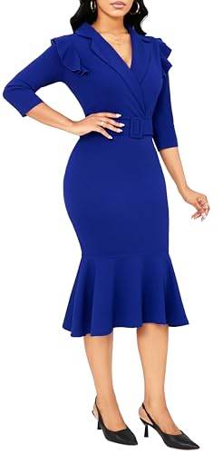 Image of SxClub Elegant Dress for Women Sexy 3 /4 Sleeve Business Knee Length Dresses Fishtail Zipper Belt
