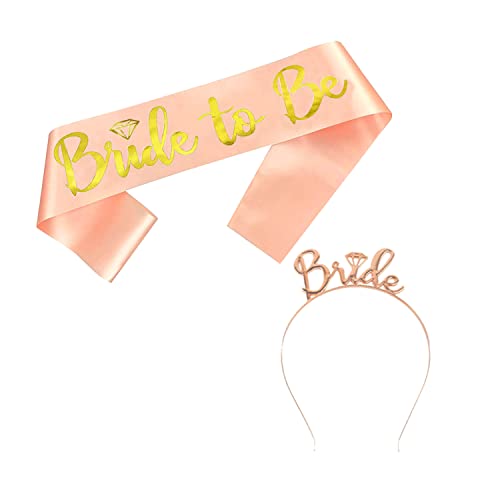 Image of AMFIN (Pack of 2) Bride to Be Sash and Bride Hairband Combo Set for Bachelor Parties Bride to be Props for Wedding Bride to be Decorations - Rose Gold