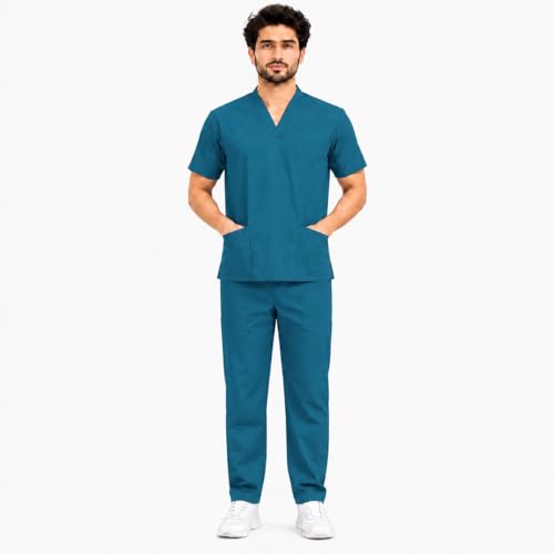 Image of Unisex Medical Scrub Suit Set, V-Neck Top with Pants, Short Sleeve, Polyester Cotton Blend, 7 Pockets, Regular Fit, Hospital Doctor Nurse Uniform