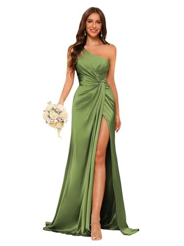 Image of vintys Women's One Shoulder Ruched Bridesmaid Dresses Long with Slit Satin Formal Prom Dress VS117