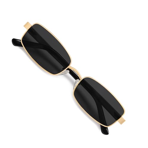 VANLINKER Retro Rectangle Polarized Sunglasses for Women Men Small 90s Vintage Trendy Slim Narrow Rectangular Frame Metal Sun Glass VL9684, Black Gold/Grey