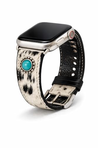Western Cowhide Leather Apple Watch Band with Turquoise Concho Hair-On Leather Strap Silver Buckle Fits Apple Watch Series 110 SE & Ultra (38mm49mm)
