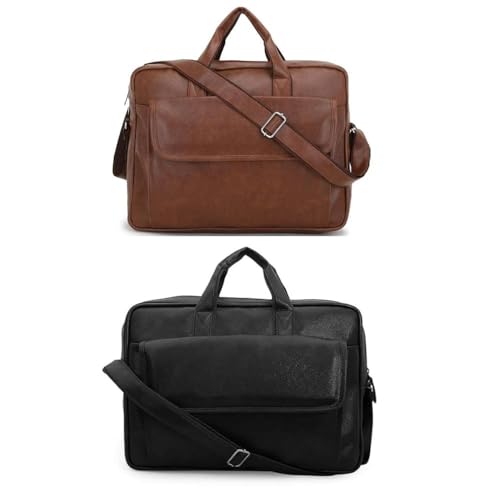 Image of Faux Leather Office Laptop Bag for Men - 15.6 Inch Briefcase Messenger Bag with Shoulder Strap | Professional Business Travel Bag with Front Pocket & Handle