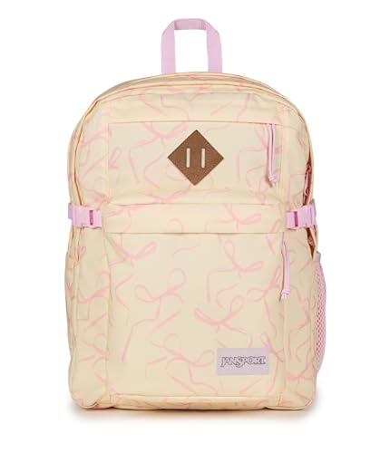 Image of JanSport Main Campus Backpack - Travel or Work backpack w 15-Inch Laptop Sleeve and Dual Water Bottle Pockets, Rows Of Bows Natural /Pink Ice