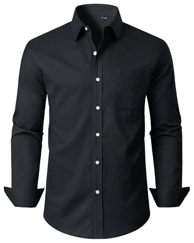 Alimens & Gentle Camisa masculina Oxford lisa stretch camisa social casual negócios manga longa camisa de botão com bolso, Preto, G