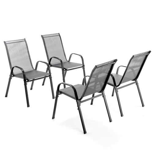BIRCHTREE Garden Chairs Set of 4 Stackable Garden Furniture Deck Chair Weather-Resistant Grey Chairs for Outdoor Seating