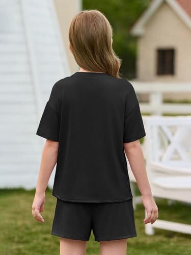 Image of Haloumoning Girls Summer 2 Piece Outfits Kids Oversized T Shirts and Shorts Clothing Sets 5-14 Years