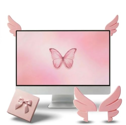 ZOUYIWET Kawaii Pink Angel Wings Monitor Decor - Aesthetic Gaming Setup Accessories for Girl Gamers & Anime Lovers, Unique Self-Adhesive Computer Ornament (Left & Right Wings)