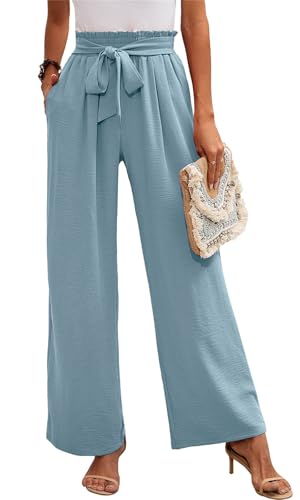 MorFansi Damen Weite Bein Hose Hohe Taille Leichte Sommerhose Einfarbig Lose Verstellbare Freizeithose mit Taschen