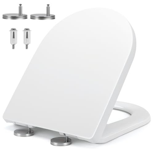 JEFURE Toilet Seat, Soft Close White Soft Close Toilet Seat with Quick Release for Easy Clean, Adjustable Stainless Hinges, Heavy Duty U Shape Toilet Lid, Simple Top Fixing Oval