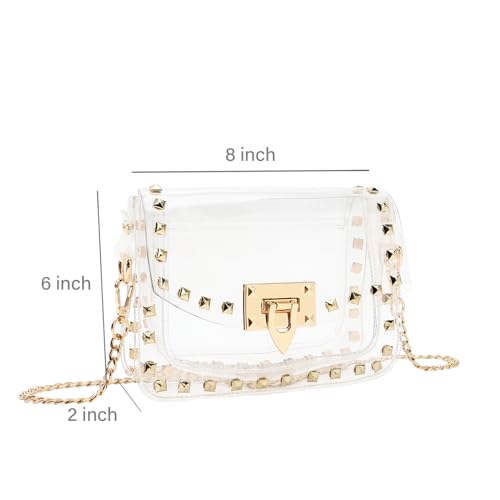 SharPlus Clear Crossbody Purse Bag Stadium Approved with Studded Rivet for Women, Clear PVC Handbag for Concert & Game Day (Gold)
