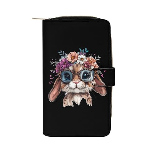 Bunny Leopard Glasses with Flower Crrown Womens PU Leather Wallet Long Purse Clutch Organizer for Office Travel