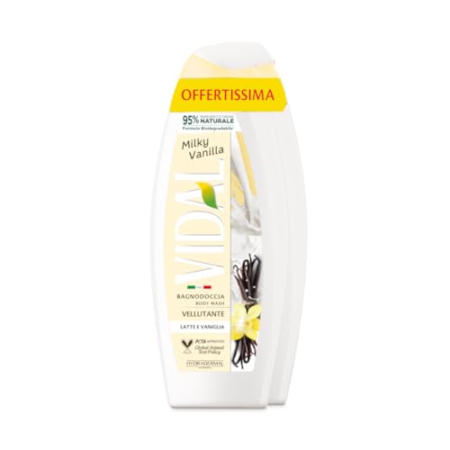Vidal - Bagnoschiuma Milky & Vanilla, Formula Vellutante, con Latte di Mandorla e Vaniglia, Dermatologicamente Testato, 2 Confezioni da 600ml