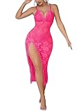 Foxiny Sexy Split Wireless Sheer Floral Lace Maxi Dress With Thong 2 Piece Lingerie Set Women Slit See Through Long Nightgown Outfits Negligee Nighty SleepWear Hot Pink Medium