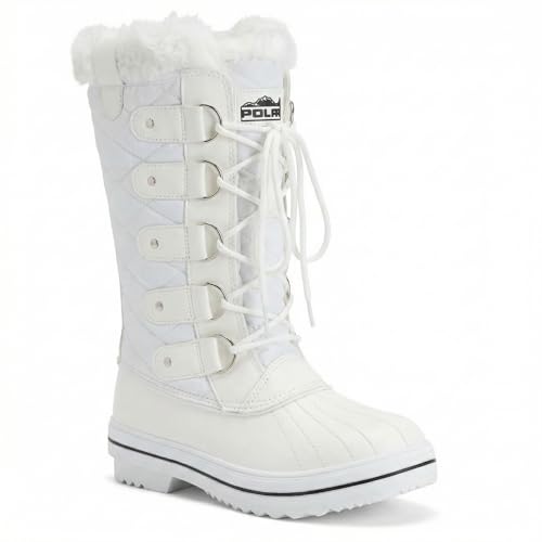 POLAR Womens Snow Boot Nylon Tall Winter Fur Lined Snow Warm Waterproof Rain Boot - White - 7-38 - CD0026