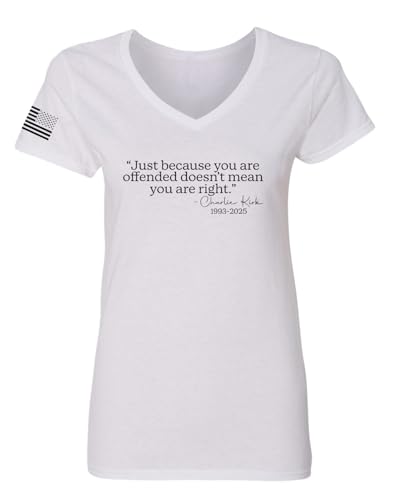 Just Because You are Offended Quote Vintage Tee Black Design American Pride USA Flag Women’s Standard V-Neck Tee, White, Medium