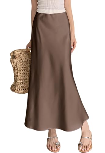 ebossy Elegante falda larga de satén de seda para mujer, cintura elástica oculta, acampanada, falda larga, Café, XL