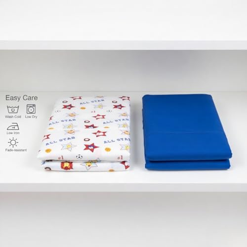 Image of EVERYDAY KIDS 2 Pack Fitted Boys Crib Sheet, 100% Soft Breathable Cotton Baby Sheet, Fits Standard Size Crib Mattress 28in x 52in, Nursery Sheet with Giraffe, Elephants Sports Theme and Solid Blue