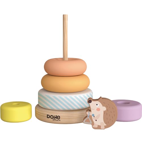 Image of DOHE Educa - Stackable Wooden Baby Hoops - 5 Coloured Rings and Base, Funny Hedgehog for the Top, Children's and Educational Material
