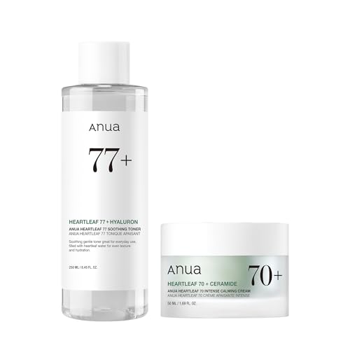 Anua Gentle Moisture Duo: Heartleaf 77 pH 5.5 Soothing Toner & Heartleaf 70 Intense Calming Cream for skin barrier repair, hyaluronic acid, panthenol for facial moisturizer, Vegan, Korean Skincare set