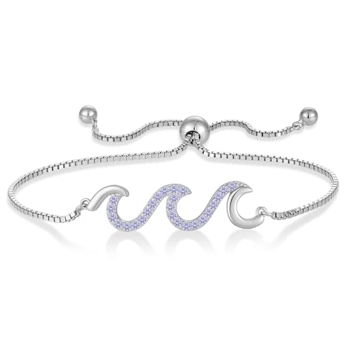 STARCHENIE 925 Sterling Silver Wave Bracelet for Women Adjustable Birthstone Bracelet Beach Ocean Jewelry